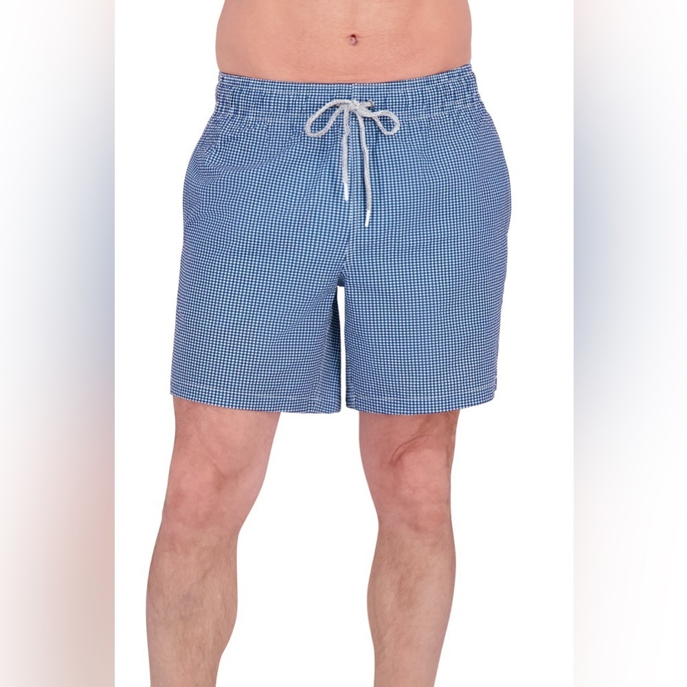 Rainforest Gingham Seersucker 7” Swim Trunks Blue White Men’s Medium NWT